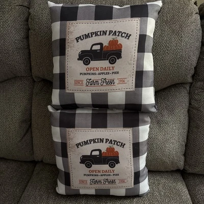 Juego de dos (2) almohadas de decoración de otoño para camión parche calabaza a cuadros Harvest 12” cada una NUEVO Foto 1 de 4