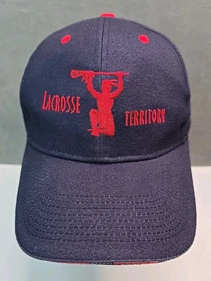 Lacrosse hat blue strap back USA flag Native holding stick logo Territory cap - Image 1 of 4