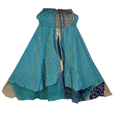 Vestido Sari de Seda Falda 2 en 1 Turquesa Estampado Floral Hecho a Mano Festival Ropa de Playa Foto 1 de 3