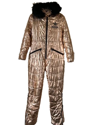 Rockstar Energy Drink Metallic Gold Winter Suit Sz S Black Faux Fur Hoodie Rare! - Image 1 of 4