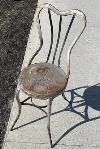 Antique Metal Chair, Ususual Style, Flared Out Legs, Hole Design Seat, Steampunk Cover