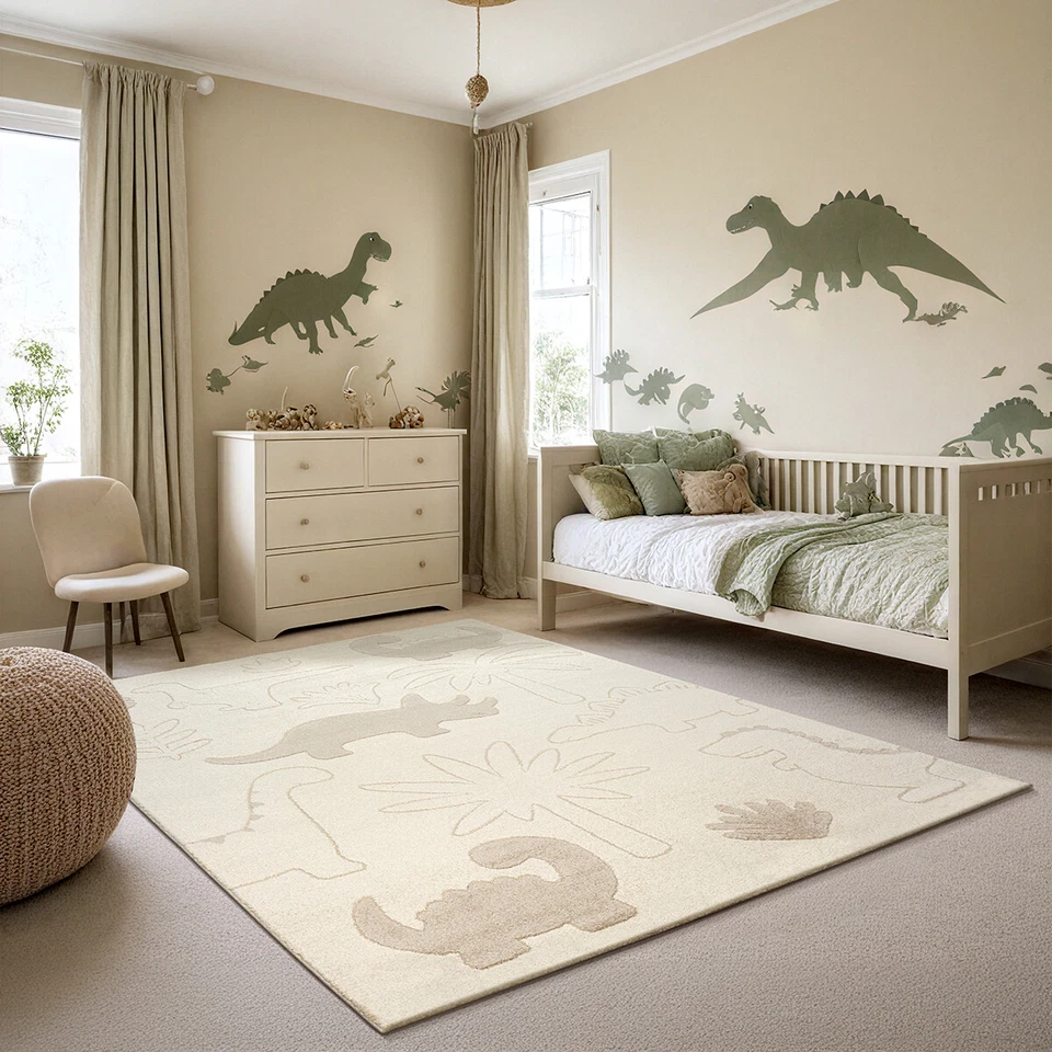 Teppich Kinderzimmer Babyzimmer Junge Design Dinosaurier Creme Beige - Bild 1 von 1