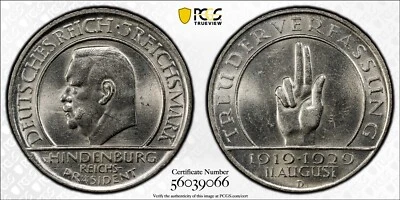 Germany 1929 D 3 Mark Weimar Republic Constitution Scarce PCGS MS62 - Image 1 of 3