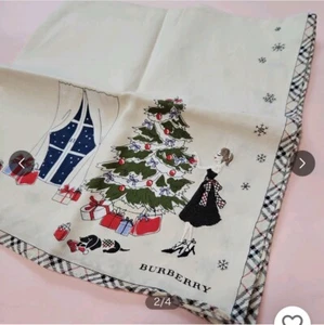 Burberry Unused Cotton Scarf Handkerchief Christmas Tree Check White Black - Picture 1 of 5