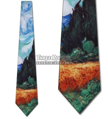 Campo de trigo com gravata de cipreste Van Gogh gravatas masculinas arte pescoço novo em folha - Imagem 1 de 4