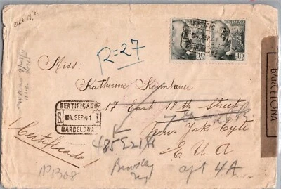 SPAIN 1941 WWII POSTAL REG CENSORED COVER TO USA  - Image 1 of 2
