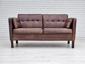 1970s, Danish 2-seater classic sofa, original brown leather. - Picture 1 of 18