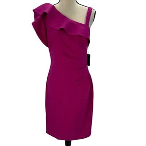 Vince Camuto Ruffled One Shoulder Side Ruched Sheath Dress - Hot Pink - size 6 - Picture 1 of 10