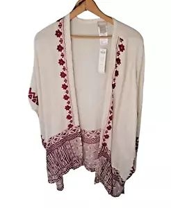 NWT Chico's Women's Size L/XL Natural Deep Cherry Printed Ruana Open Boho Kimono - Picture 1 of 7