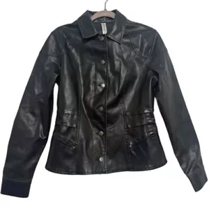 No Boundaries Black Faux Leather Moto Jacket Button Front Size Large - Picture 1 of 6