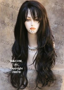 Human Hair Blend Full Wig Heat OK LONG Wavy Layered Darkest Brown WBKT 2 - Picture 1 of 4