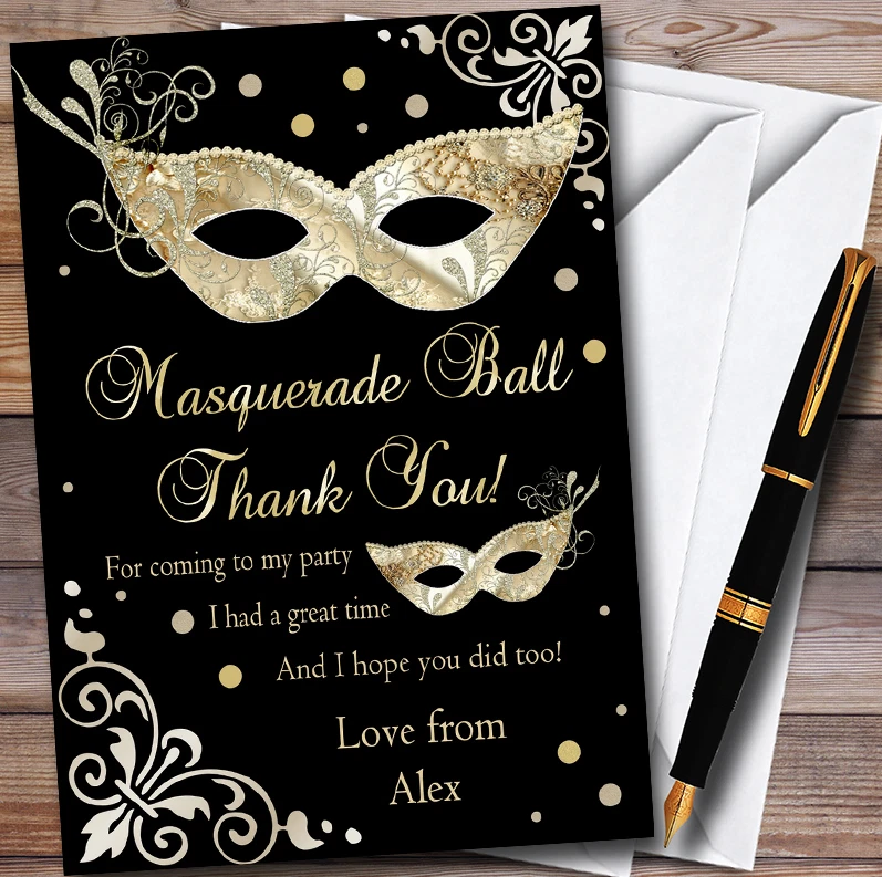 Gold & Black Masquerade Ball Personalised Party Thank You Cards - Image 1 of 1