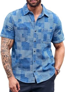 Camisa de mezclilla azul a rayas Boro Sashiko Wabash japonesa con retazos a cuadros para hombre S/S - Imagen 1 de 16