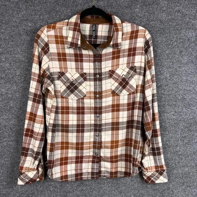 Camisa de franela informal Kuhl para mujer con botones a cuadros marrón tostado manga larga Foto 1 de 4