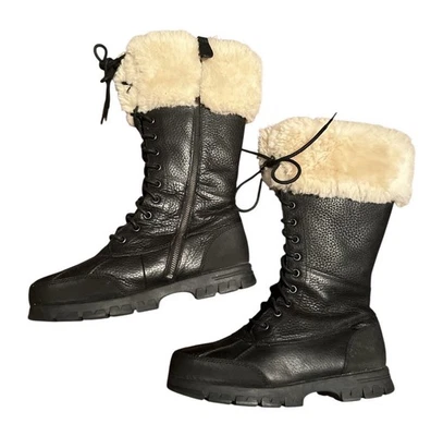 Ralph Lauren Womens 8B Black Quinta Leather Fur Shearling Sheep Trim Tall Boots - Image 1 of 4