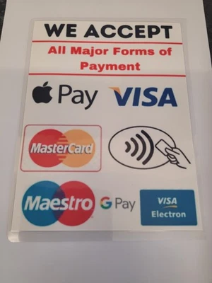 Accept card payments laminated card sign apple pay, contactless payments A5 £4