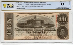 T-59 PF-11 1863 $10 Confederate Paper Money - PMG About Uncirculated 53 details - Picture 1 of 2