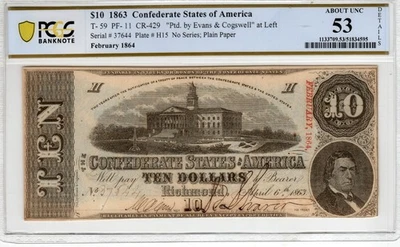 T-59 PF-11 1863 $10 Confederate Paper Money - PMG About Uncirculated 53 details - Image 1 of 2