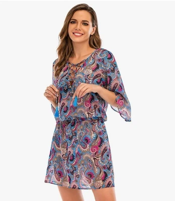 Lucky Brand Cover-up Dress Poolside Paisley Sheer Tassel Swim Beach Chiffon M/L - Image 1 of 4