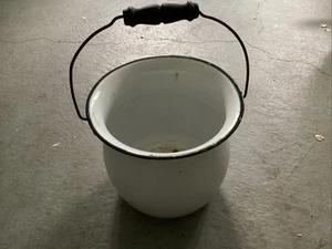 Vintage Kitchen Farmhouse Enamel Pot with Wood Handle White Black Trim 9” Old - Picture 1 of 9