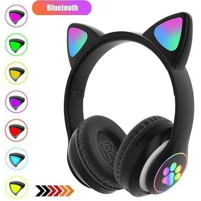 Faltbare Kopfhörer Katze Ohr Kinder Bluetooth Headset mit LED Licht Headphone DE - Bild 1 von 4
