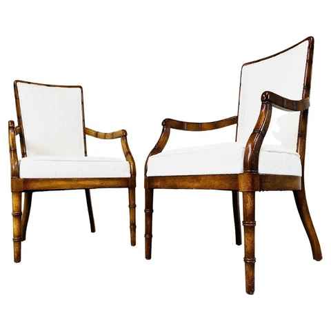 Pair of Vintage Chinese Chippendale Faux Bamboo Armchairs with New Supple Fabric Cover