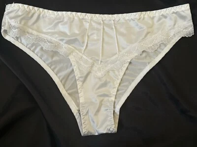 French Cut High Cut Satin Bikini Brief Panties Lace Trim Pure Silky White Sz Med - Image 1 of 4
