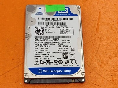 ⭐️⭐️⭐️⭐️⭐️ HDD Hard Drive SATA 2.5" WD Scorpio Blue WD2500BEVT-75A23T0 250GB - Image 1 of 2