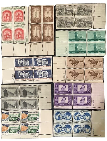 10 US Plate Block Stamps MH 4 Cent Denominations. Nice Selection. Free Shipping Cover