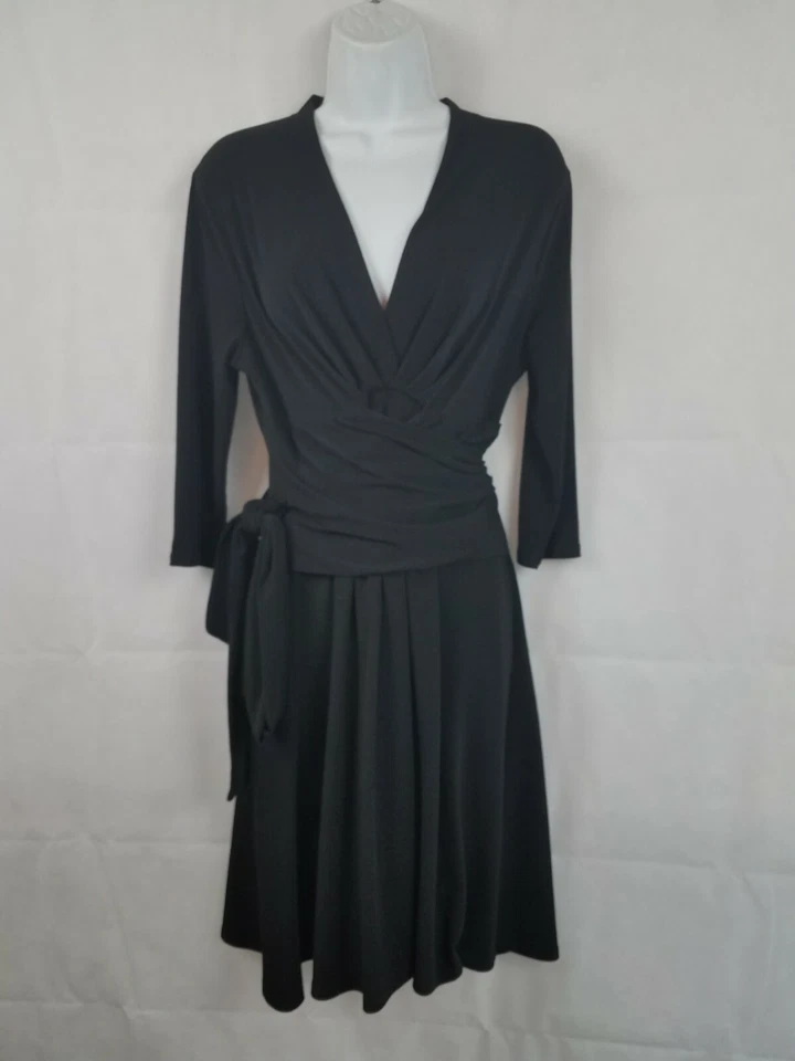 Antonio Melani Draped Ruched Blouson Shift Dress Slinky Surplice Black Sz M Med - Image 1 of 4