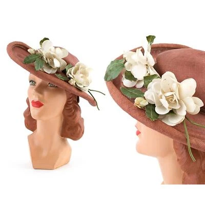Vintage 1950s Picture Hat 50s White Magnolia Floral Brown Straw Wide Brim Sun - Image 1 of 4