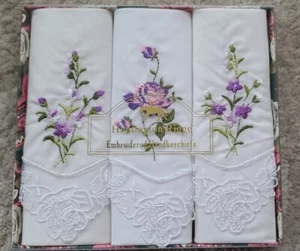 NEW box of 3 hankies Lace purple embroidered flowers Huntington Ridge Wedding - Picture 1 of 1