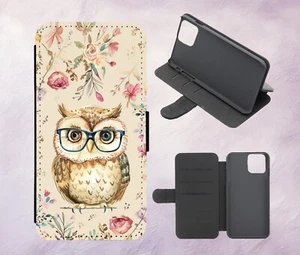 Cute Floral Owl Glasses Art PU Leather Flip Case for iPhone Samsung Huawei Pixel - Picture 1 of 1