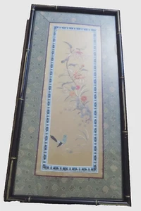 Vtg Chinese Silk Embroidery Panel 19th Century Bamboo Framed 19" H Floral Bird - Picture 1 of 10