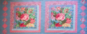 Fabric Panel 2 Pillow Fronts Pink Roses Green Leaves Dusty Blue Cotton Vtg READ - Picture 1 of 2