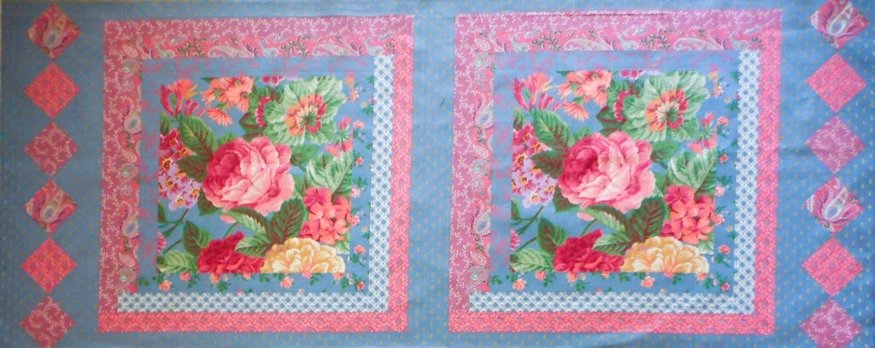 Тканевая панель 2 подушки спереди розовые розы зеленые листья на пыльный синий хлопок винтажный - Изображение 1 из 1