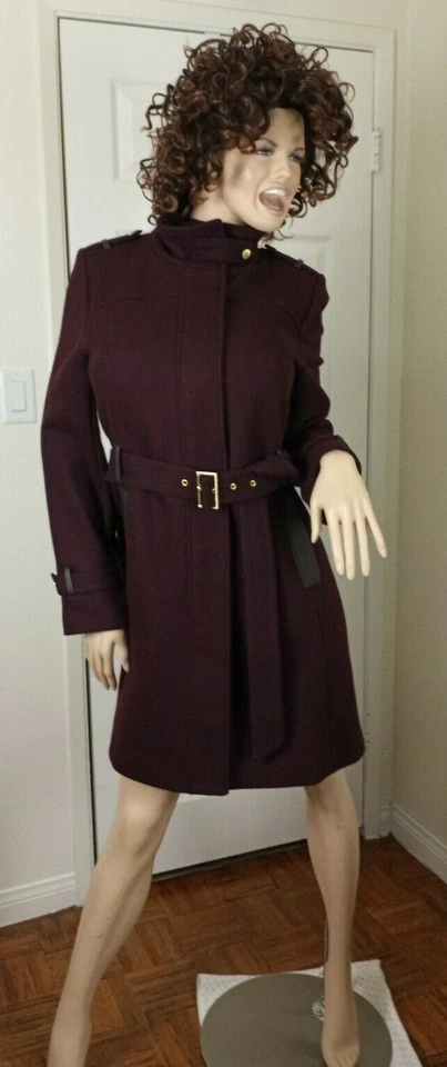 COLE HAAN MUJER MEZCLA DE LANA MORADA CON RIBETE DE CUERO GRIS CHAQUETÓN TALLA 10/MEDIANO Foto 1 de 4