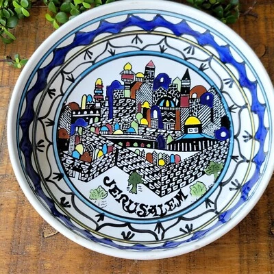 Винтажная расписанная вручную армянская керамическая тарелка чаша старый городской пейзаж Иерусалима 9 дюймов x 2 дюйма  - Изображение 1 из 4