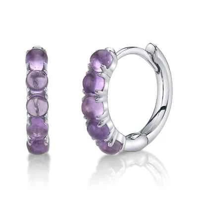 14K White Gold Purple Amethyst Huggie Earrings Natural Cabochon 0.50 CT Huggy - Image 1 of 3