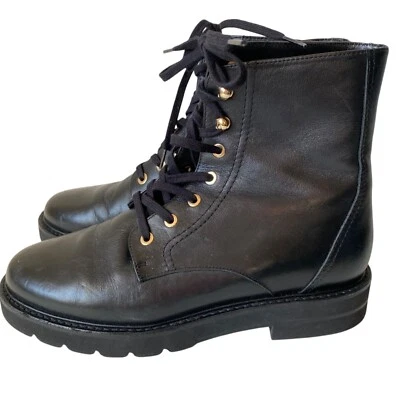 Stuart Weitzman Mila подъем черный кожаный шнурует вверх боевые ботинки женщин 7B Испания - Изображение 1 из 4