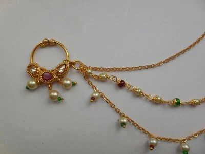 Aro de nariz indio tradicional nupcial Nath anillo sin perforación con cadena... - Imagen 1 de 4