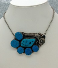 Sterling Silver Turquoise Flower Pendant 26.5" Adjustable Necklace 46.3 Grams