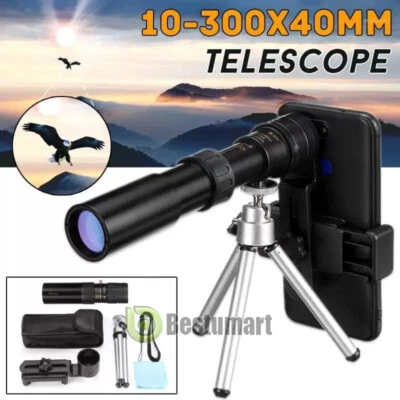 10-300X40mm Phone Camera Zoom Lens Monocular Telescope Hunting with Tripod +Clip - Image 1 of 4