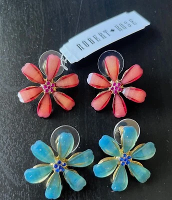 2 Pairs of Robert Rose Gold Tone Flower Earrings Red Blue Lucite Rhinestones - Image 1 of 4