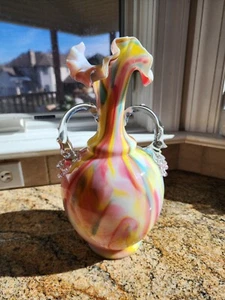 Antique Vintage RAINBOW SPLATTER GLASS VASE with THORNY GLASS ARMS & RUFFLED TOP - Picture 1 of 20