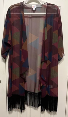 Lulu Roe Burgundy Short Sleeve Long Sheer Fringed Open Draped Duster Size L NWT - Image 1 of 4