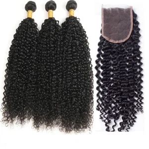 Peruvian Virgin Hair Jerry Curl   3 Bundles 12"14"16" With 12" Lace Closure - Picture 1 of 4