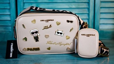 Bolso Bandolera para Cámara KARL LAGERFELD PARIS Maybelle Beige Negro Nuevo con Etiquetas $198 Foto 1 de 4