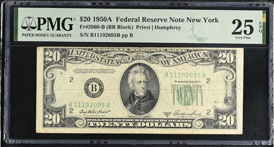 1950A  Federal Reserve 20 Dollar PMG Graded 25 EPQ New York Fr#2060-B - Image 1 of 2