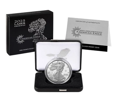 EN MANO NUEVA 2025 Grabada Láser American Eagle Una Onza Plata Prueba Moneda Foto 1 de 4